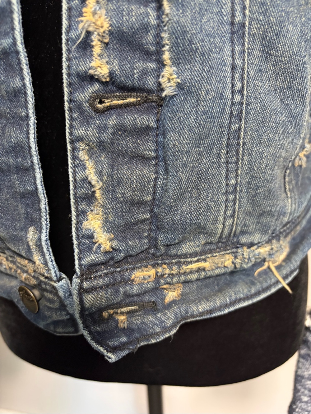 Free People Distressed Denim Jean Jacket W/ Knit Sleeves & Hood - Picture 5 of 13